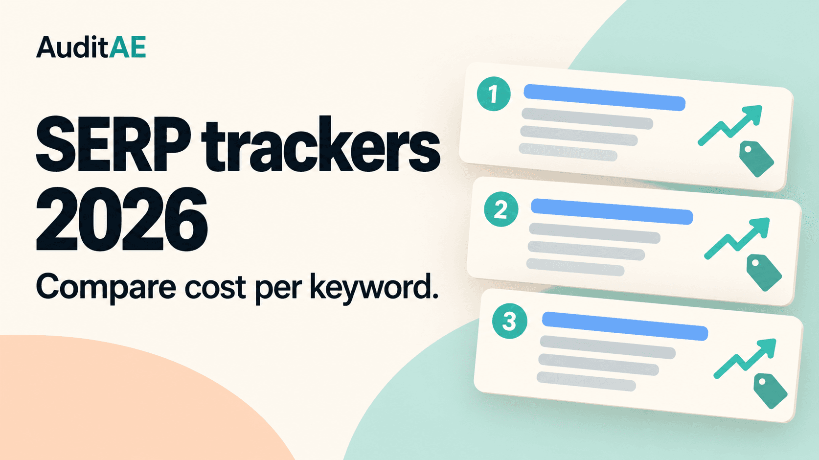 Cover graphic: 'SERP trackers 2026 — Compare cost per keyword.' beside three ranked search-result cards numbered 1 to 3, each with a rising trend line and a price tag