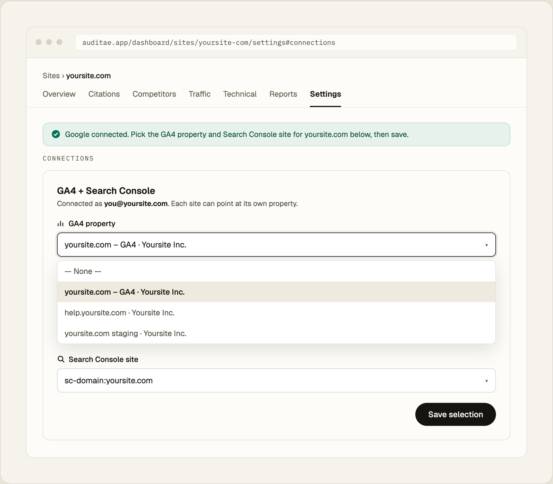 Step 2: after signing in, pick the GA4 property and Search Console site, then click Save selection. (Example data for a fictional yoursite.com.)