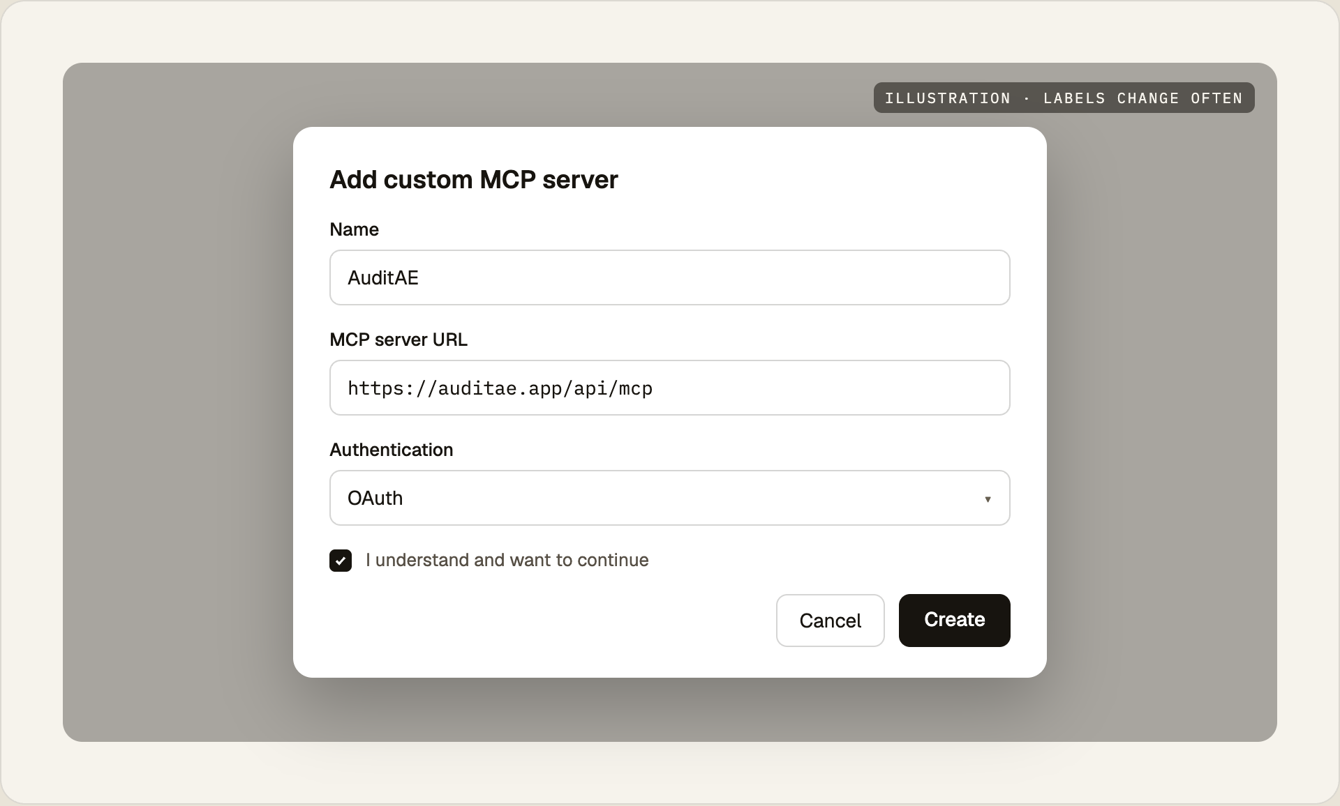 Step 3 in ChatGPT: add a custom MCP server with the AuditAE URL and OAuth sign-in. (Illustration; ChatGPT renames these menus often.)