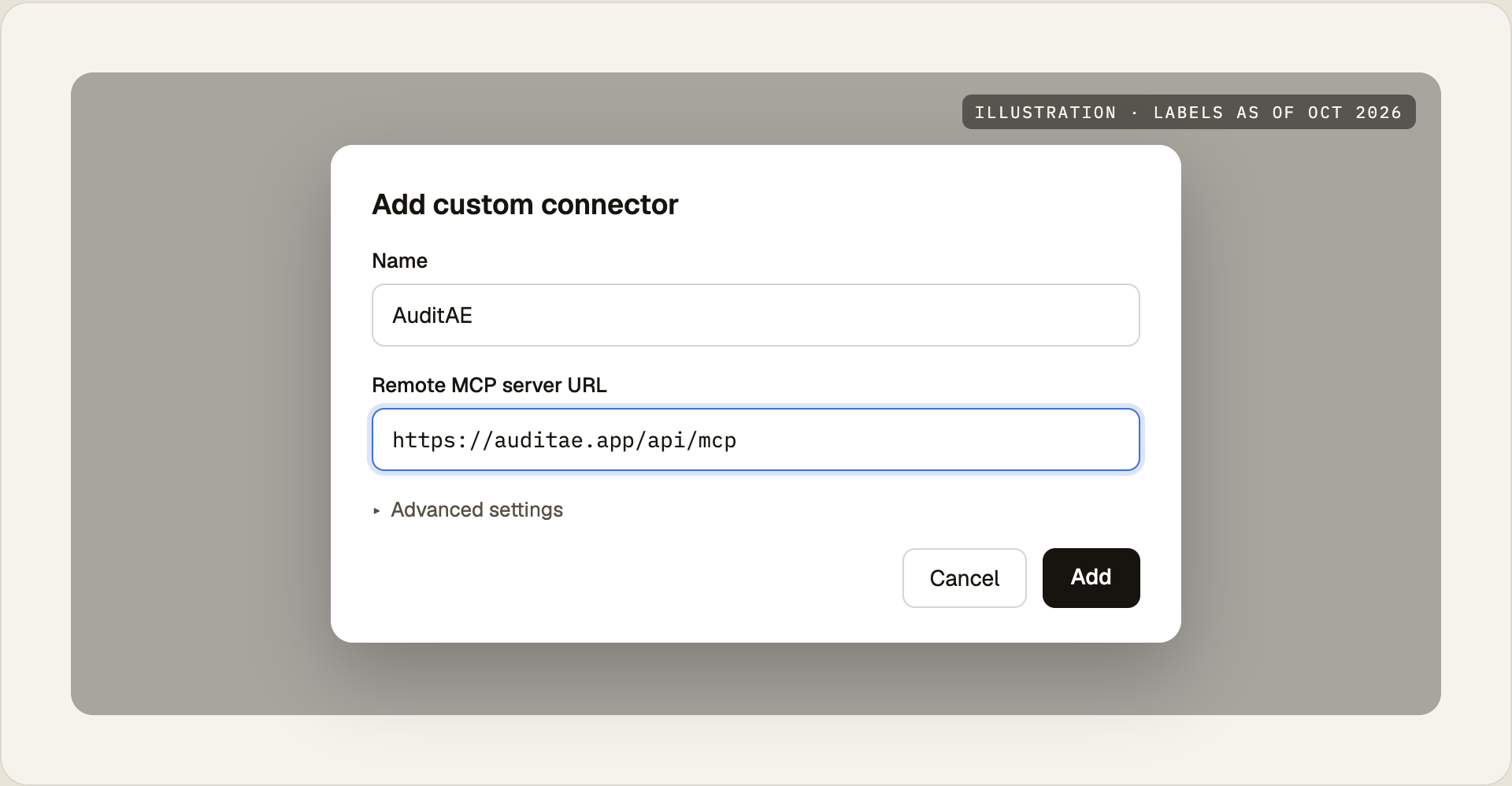 Step 3 in Claude: add a custom connector named AuditAE with the URL https://auditae.app/api/mcp. (Illustration; Claude's exact layout may differ.)