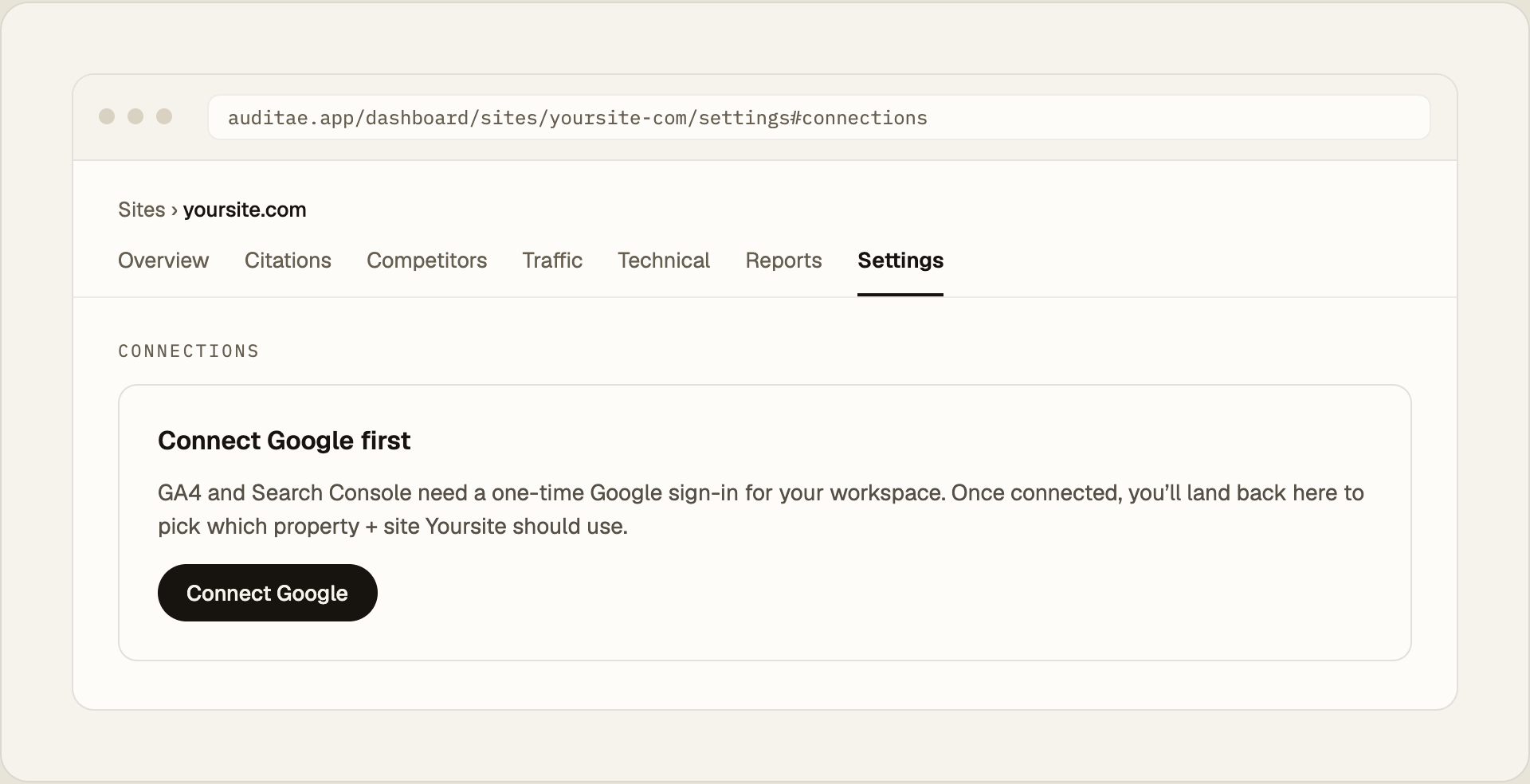 Step 2: before Google is connected, the site's Settings show a "Connect Google first" card.